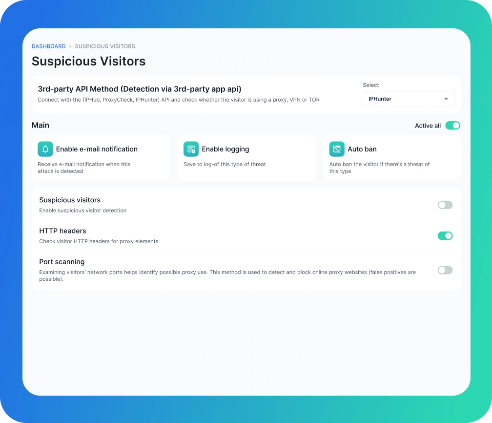 The best WAF CyberShield dashboard detects and blocks suspicious visitors (proxies/VPNs/TOR) with IPHunter, alerts, and auto-blocking.